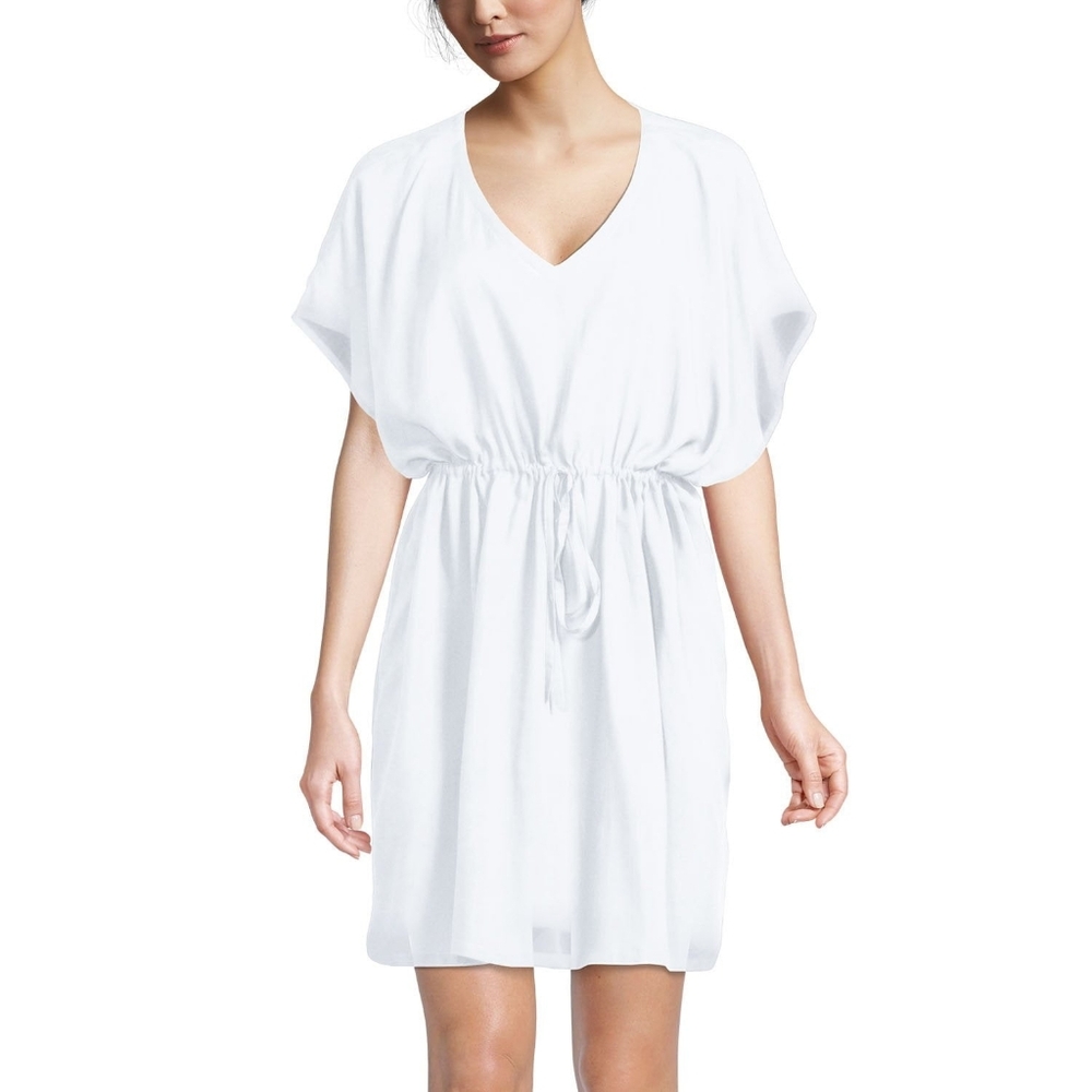 Lands' End Womens White V-Neck Swim Coverup Beach Dress Sz XS/S